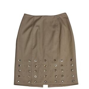 White House Black Market WHBM Taupe Skirt Gold Grommets Flashy Prep Office Siren